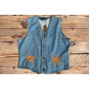 VTG Brittania Denim Vest Suede Like Star Inlay‎ Western Cowgirl L